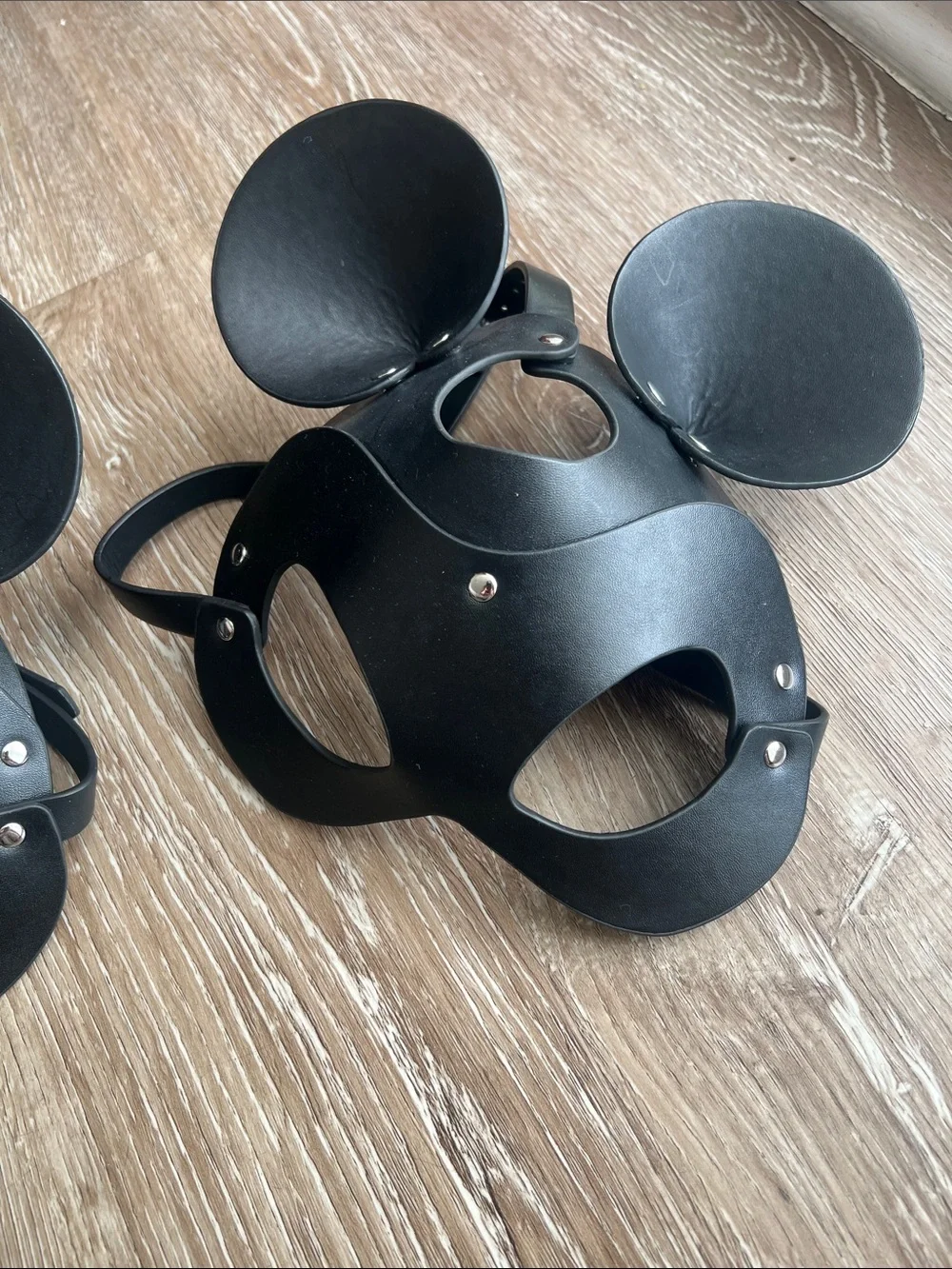 🖤 Unisex faux Leather Mouse Ear Masquerade Mask-Pair Available, detachable ears